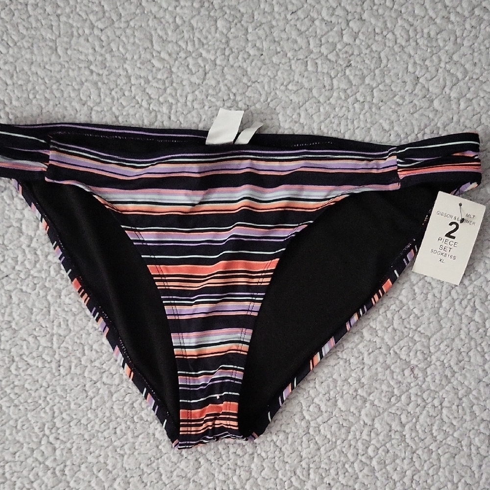 Gibson Latimer Striped Bikini Bottom - Black, Purple, Pink, Orange
